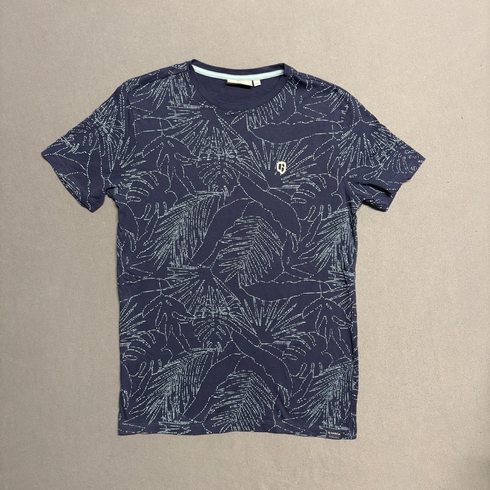 Garcia Navy Leaf Print Tee Shirt Size Small Tropical Short Sleeve Cotton 1870